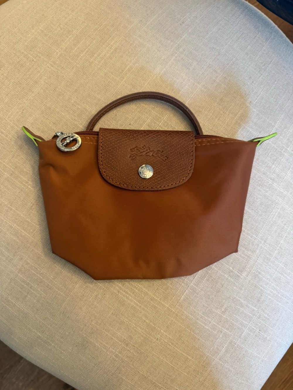 Longchamp Le Pliage Mini Tote in Brown with Neon Green Accents